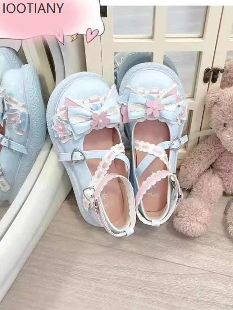 연인 귀여운 로리타 보우 싱글 신발 여성 여름 매직 카드 벚꽃 신발 일본 Jk 학생 작은 가죽 신발