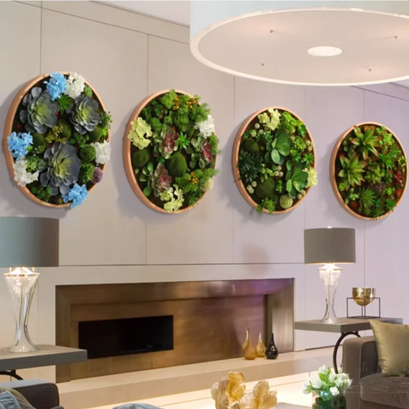 

Round Simulation Fleshy Green Plant Frame Wall Hanging Green Plant Wall Decoration Simulation Plant Living Room Home Decoration