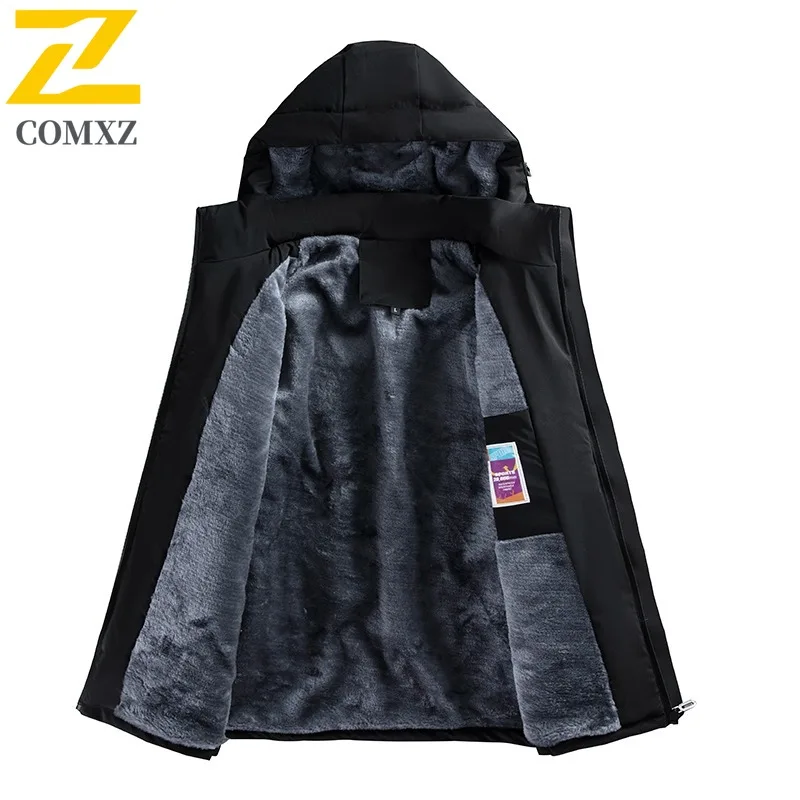 COMXZ 2025 Mens L8XL Plus Size Fleece Lined Waterproof Windproof Detachable Hood Jacket Outdoor Business lightweight windbreaker