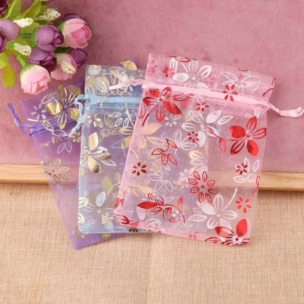 20pcs 9x12cm 10x15cm 13x18cm New Organza Jewelry Bag Gold Color Red Bauhinia Flower Bracelet Necklace Gift Pouch Packaging Bags