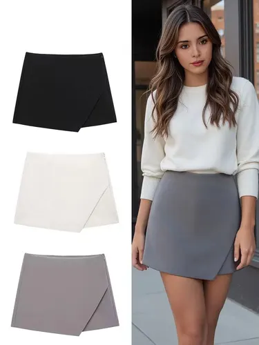Imagen 1 del producto HH mujeres elegante sólido mini falda pantalones cortos cremallera lateral dobladillo asimétrico faldas de cintura alta 2025 verano señora pantalones cortos delgados faldas