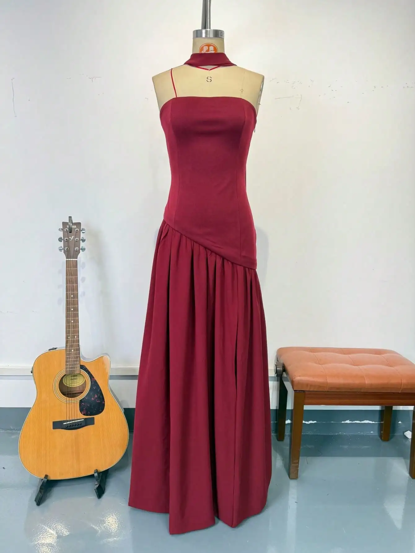 Women Fashion Sexy Solid Halter Dress, Strapless Backless Split Maxi Dress With Tie Sash Evening Party Gown