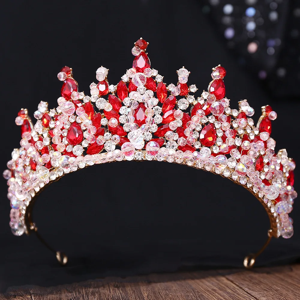 Red Sparkling Handmade Crystal Beaded Crown Bridal Wedding Headpiece Retro Baroque Alloy Rhinestone Tiara