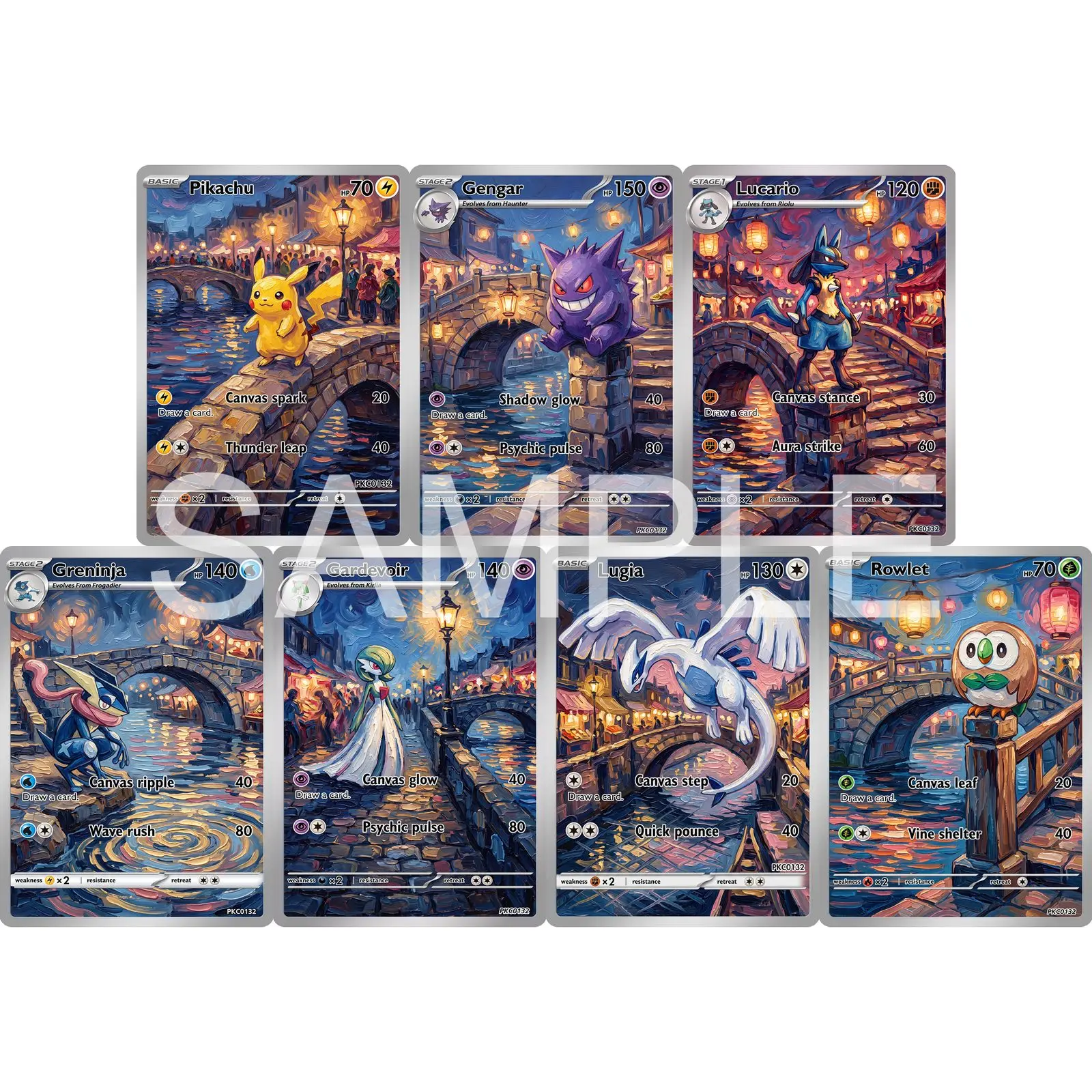 7Pcs PKM Cards PTCG Post Impressionist Oil Painting Style Gengar Lucario Greninja Gardevoir Lugia Rowlet Collection Cards PTCG