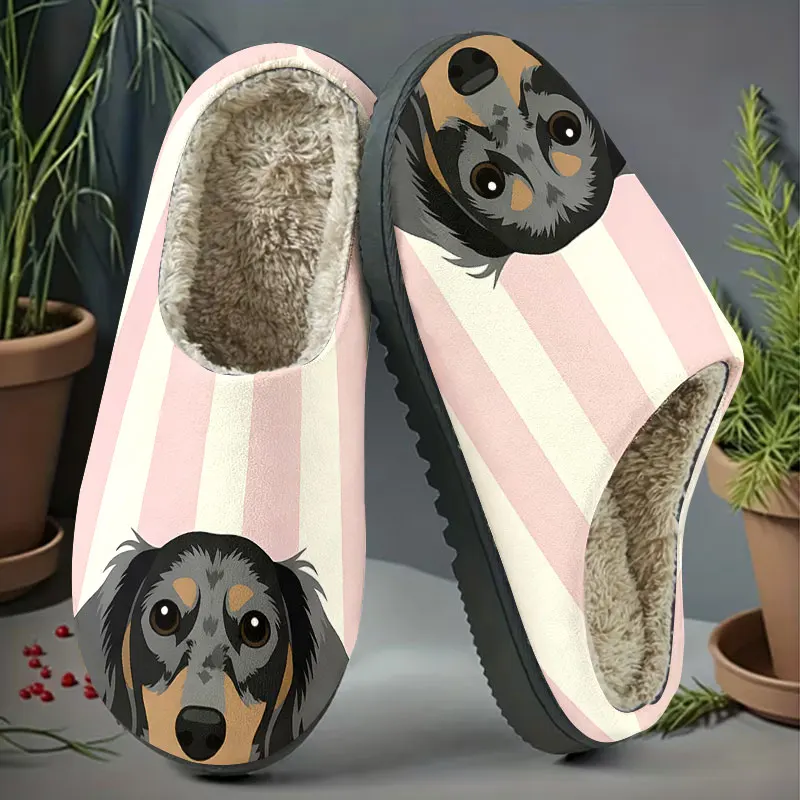 Dachshund Dog Pink Stripe Print Women's Winter Warm Plush Slippers Fuzzy Fleece House Slippers Indoor Shoes view 5