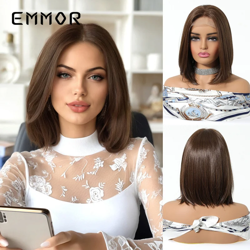 

13*6 large-area lace for women, freely partable, dark brown shoulder-length straight hair, full head wig