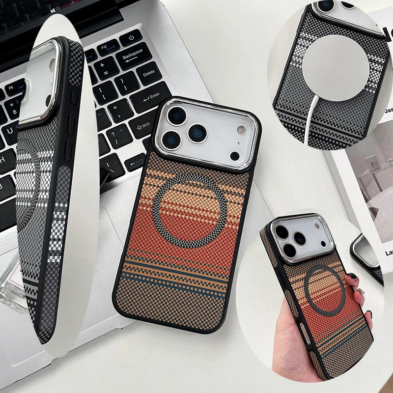 

Suitable for iPhone17 ProMax16 15 contrasting woven pattern phone case, magnetic wireless charging anti drop protective cover