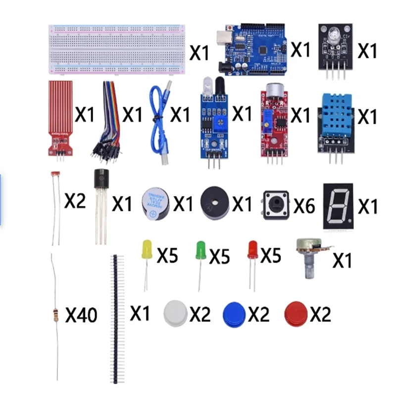 Starter Kit for Arduino Uno R3 Breadboard Basic simple learning kit, sound/water level/humidity/distance detection, LED control