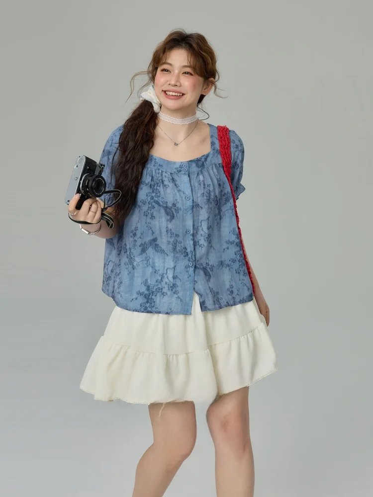 

plus Size Women's Summer Shirt Korean Style Loose Fit Short Sleeve Square Collar Belly Covering Doll Top for Younger Look