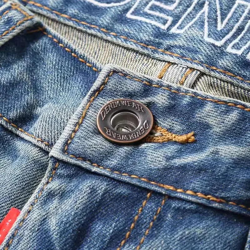Y2K designer fashion men's jeans retro blue elastic slim fit corrugated jeans men's high-quality men's pants retro denim pan
