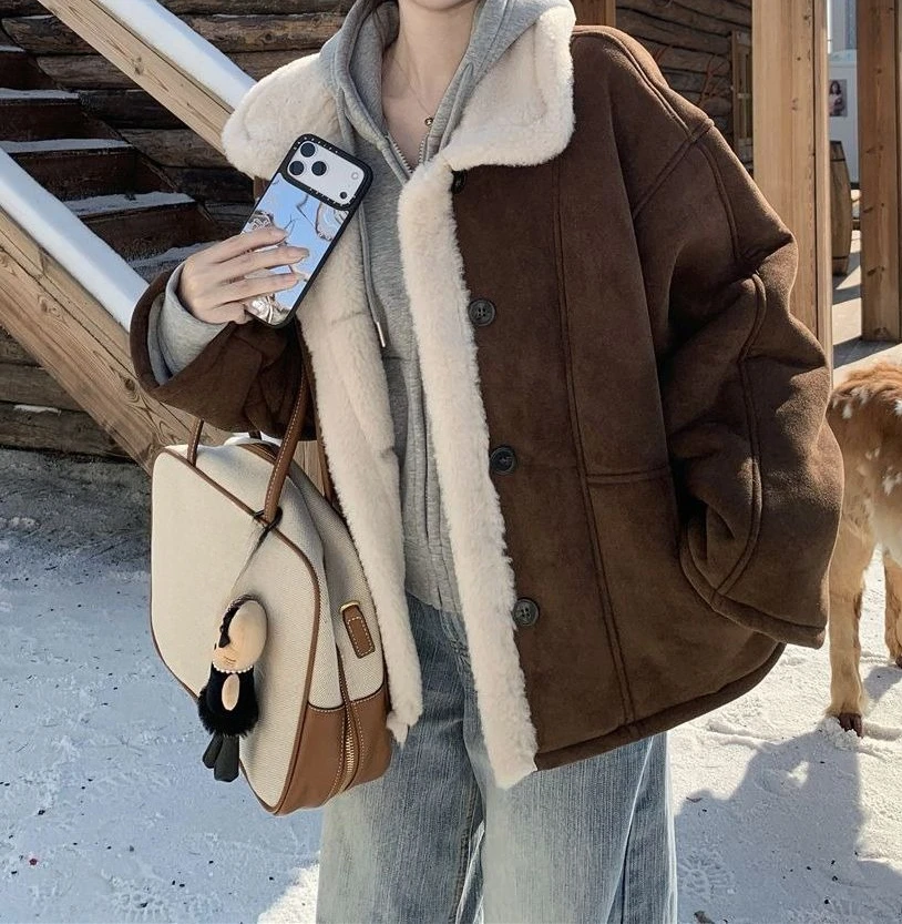 

Brown Short Jacket Women's 2025 Autumn and Winter New Retro Thick Loose Cotton Jacket