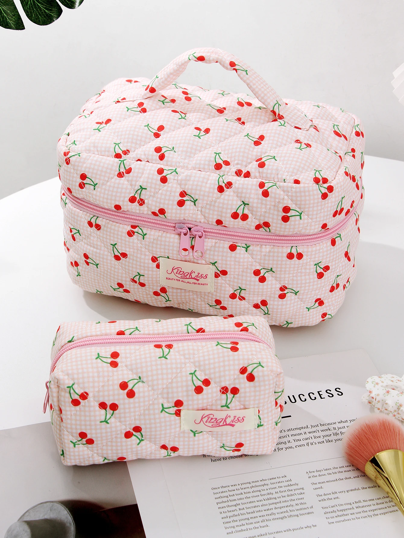 3-piece plaid cherry quilted makeup bag, large capacity portable makeup bag, travel makeup bag, cherry cotton makeup bag