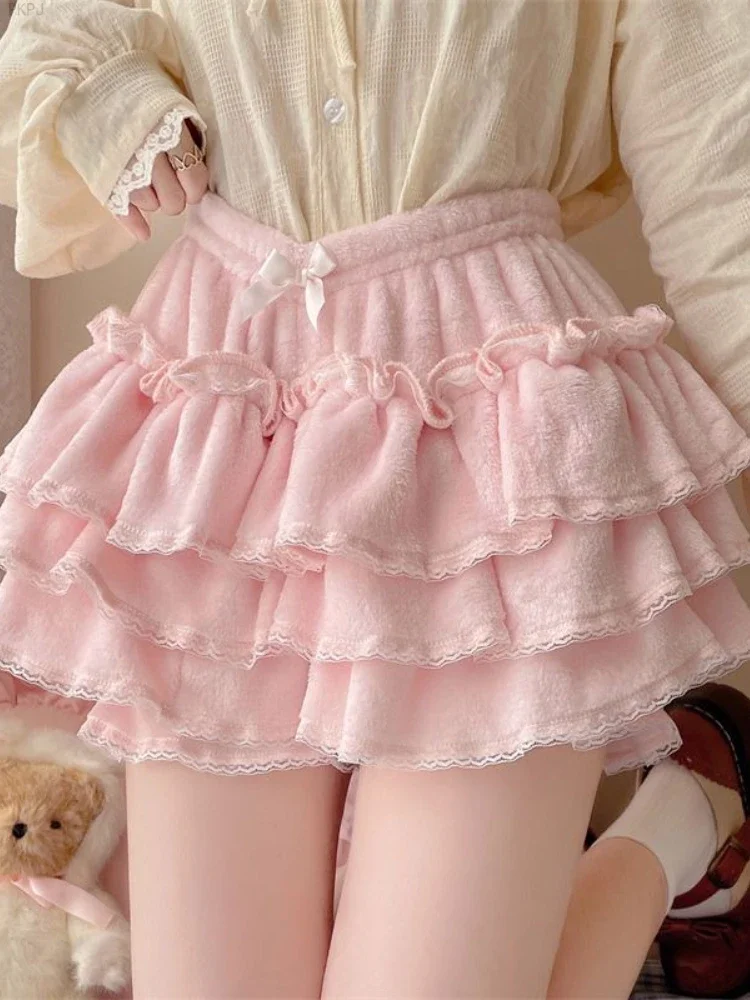 Pink White Lolita Y2k Sweet Skirt Women Bow Japanese Cute Party Mini Skirt Female A-line High Street Designer Puffy Skirt 2024