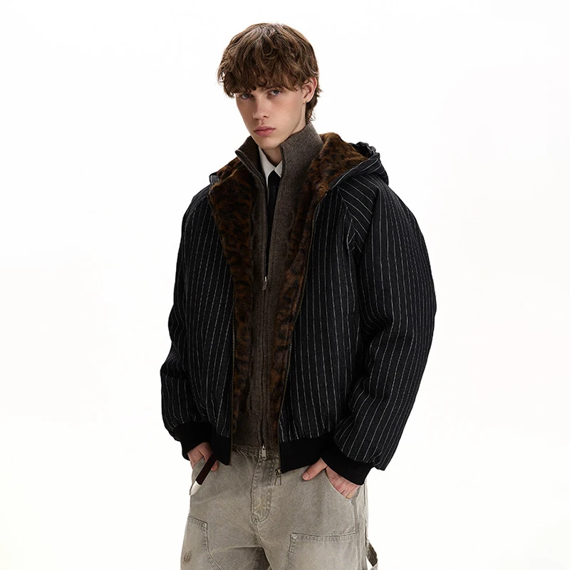 Faux Fur Patchwork Original Winter Leopard New Print Hooded Padded Coat Men Fashion Thickened Stripe Parka Jacket JY9142