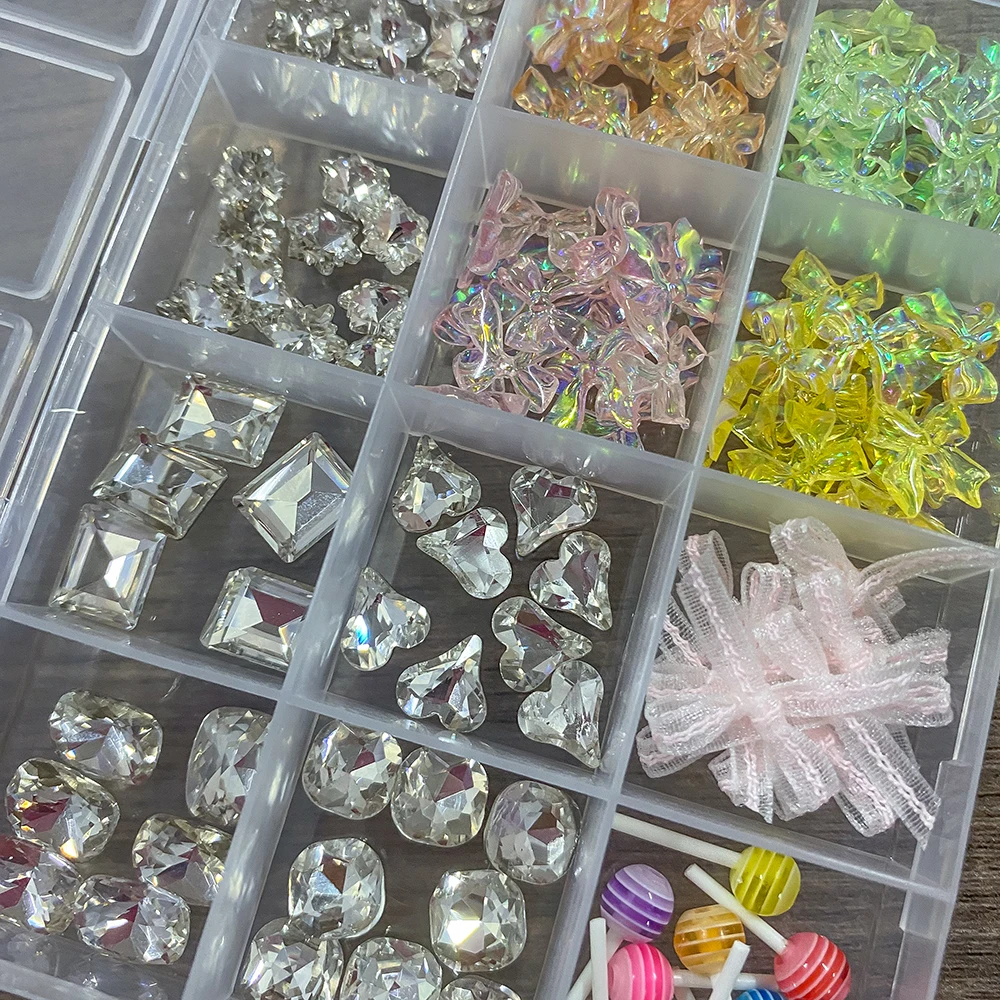 12 rasters 3D gemengde AB Aurora diamant acryl nagelbedels met organza strik lolly nail art steentjes DIY manicure benodigdheden
