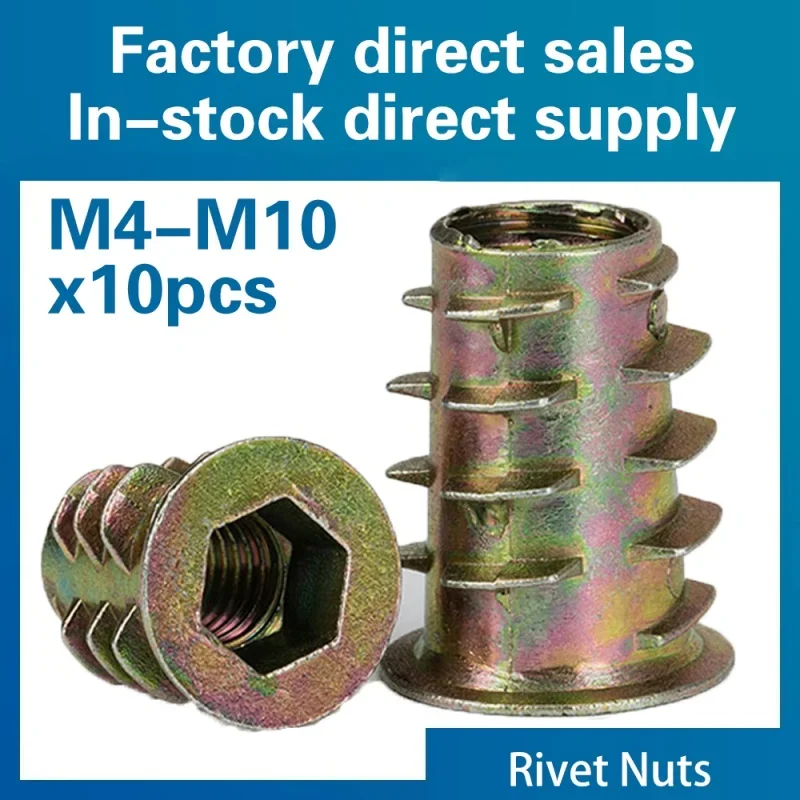 10pcs/lot Zinc Alloy Thread For Wood Insert Nut Flanged Hex Drive Head Furniture Nuts M4 M5 M6 M8