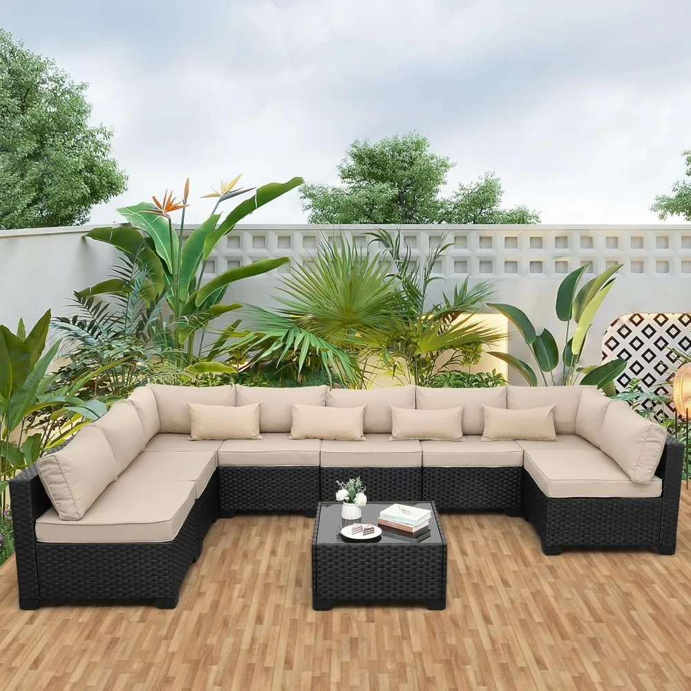 

9-Piece All-Weather Patio Set: PE Wicker Sectional Sofa with Tempered Glass Table & Anti-Slip Cushions​