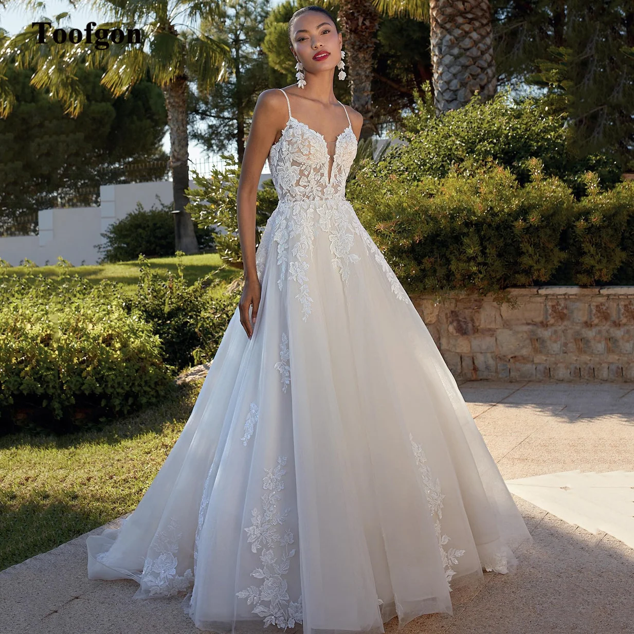 Toofgon-Apliques de encaje para novia, vestidos de novia con tirantes finos, una línea, vestidos de fiesta de boda formales sin espalda