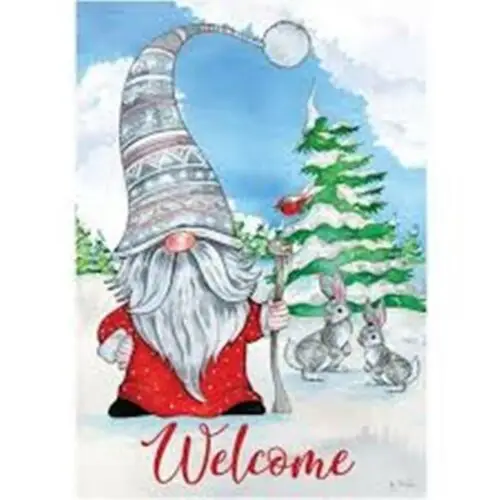 Welcome Winter Gnome, Snow, Bunnies, Garden Flag 12