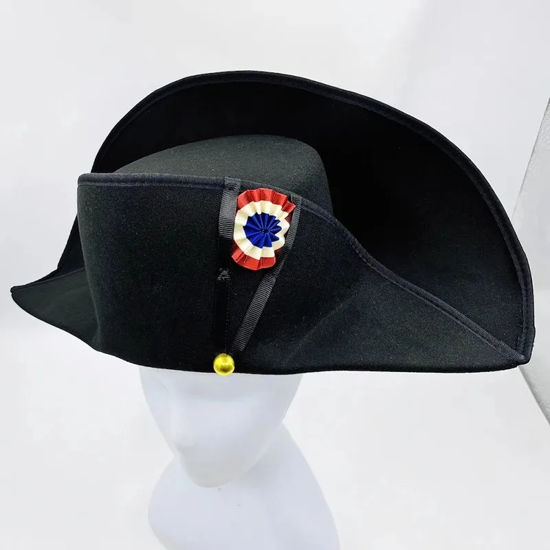 Napoleone Stile Francese Ammiraglio Capitani Cappello Bicorne Cosplay Berretto di Lana Nero Uomo Adulto Accessori Prop 59 cm Dimensioni Testa