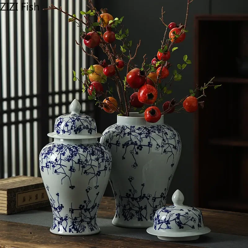 Plum Flower Painted General Jar Tea Canister Candy Pots Blue and White Porcelain Ginger Jar Desk Decoration Flower Arrangement