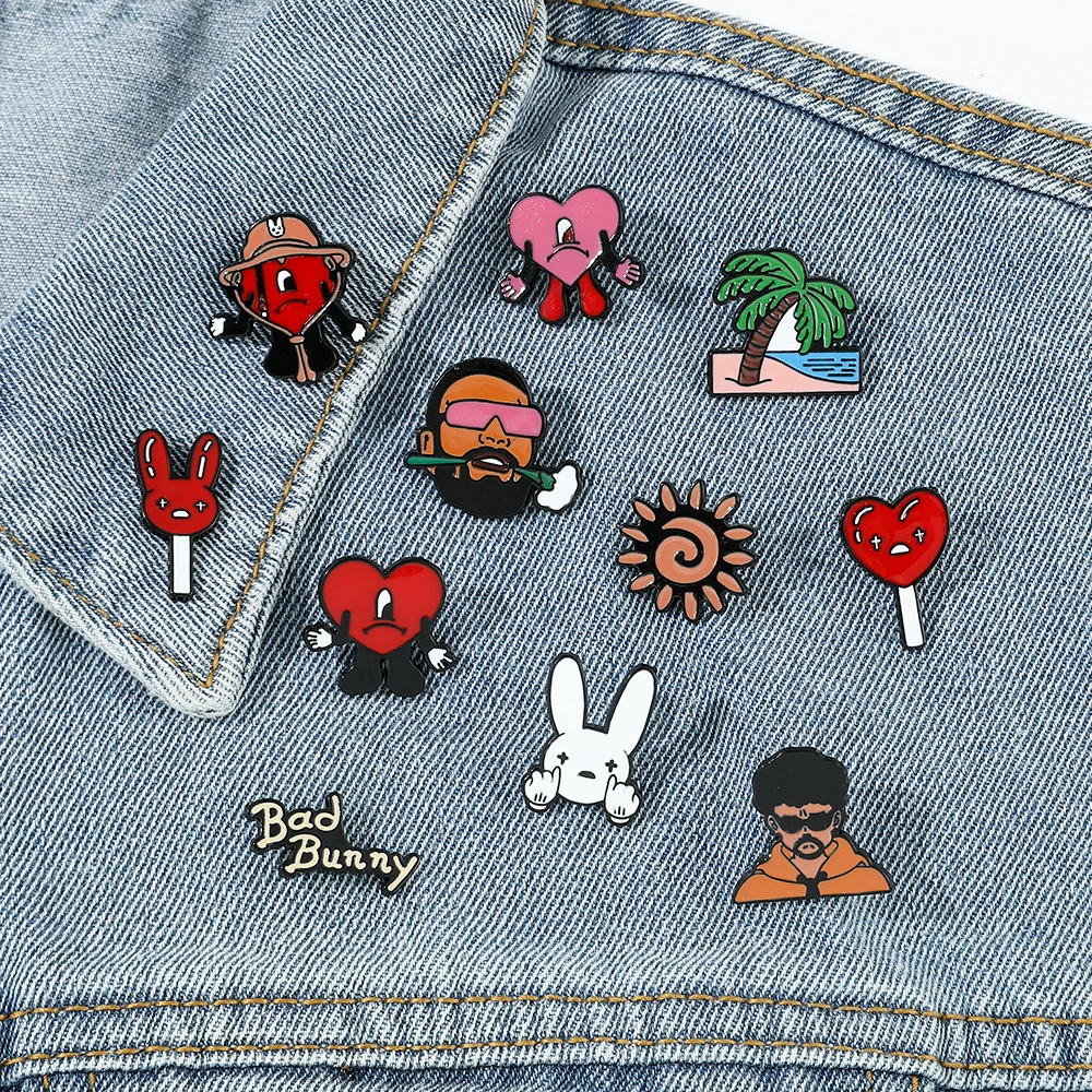 Bad Bunny Brooch Creative Jewelry Red Heart Rapper Bad Rabbit Enamel Pin for Clothing Backpack Pins Accessories for Kids Gift