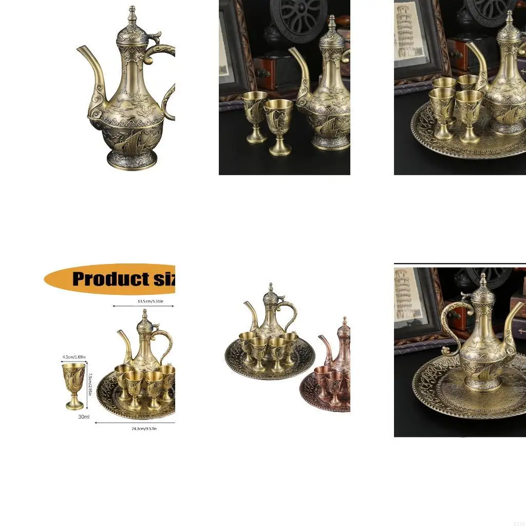 European Styles Embossed Metal Wine Pot and Goblet Cups Set, Serving Vessel for Hosting Tables, Gathering Service, and Display