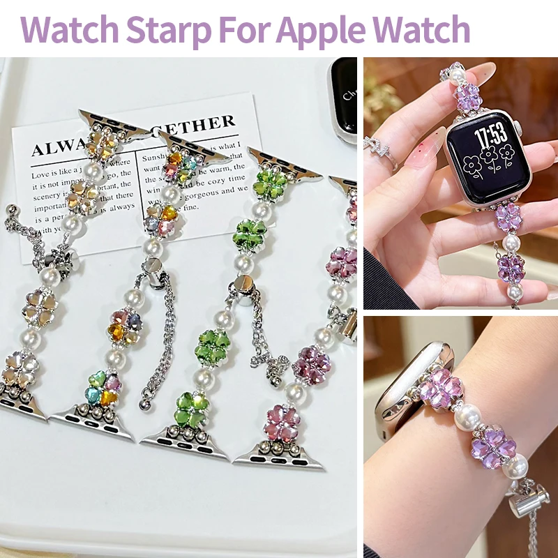 Crystal Flower Pearl Strap for Apple Watch 11 10 9 8 7 6 Rhinestone Bracelet for IWatch Band 38 40 41 42 44 45 46 49mm Wristband