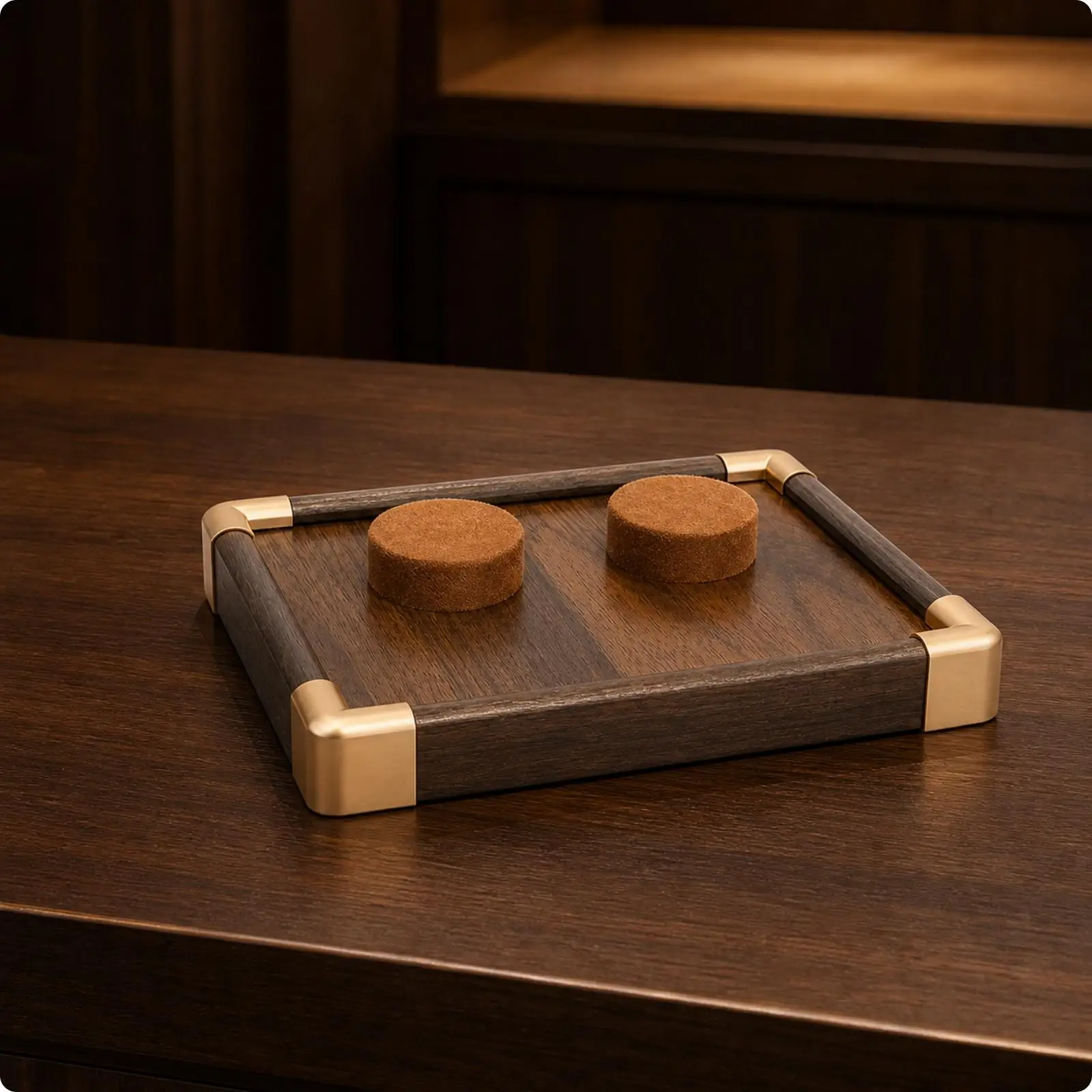 Compact Wooden Display Stand for Jewelry with Two Cylinder Support and Raised Edge Design for Secure Organizer Storage