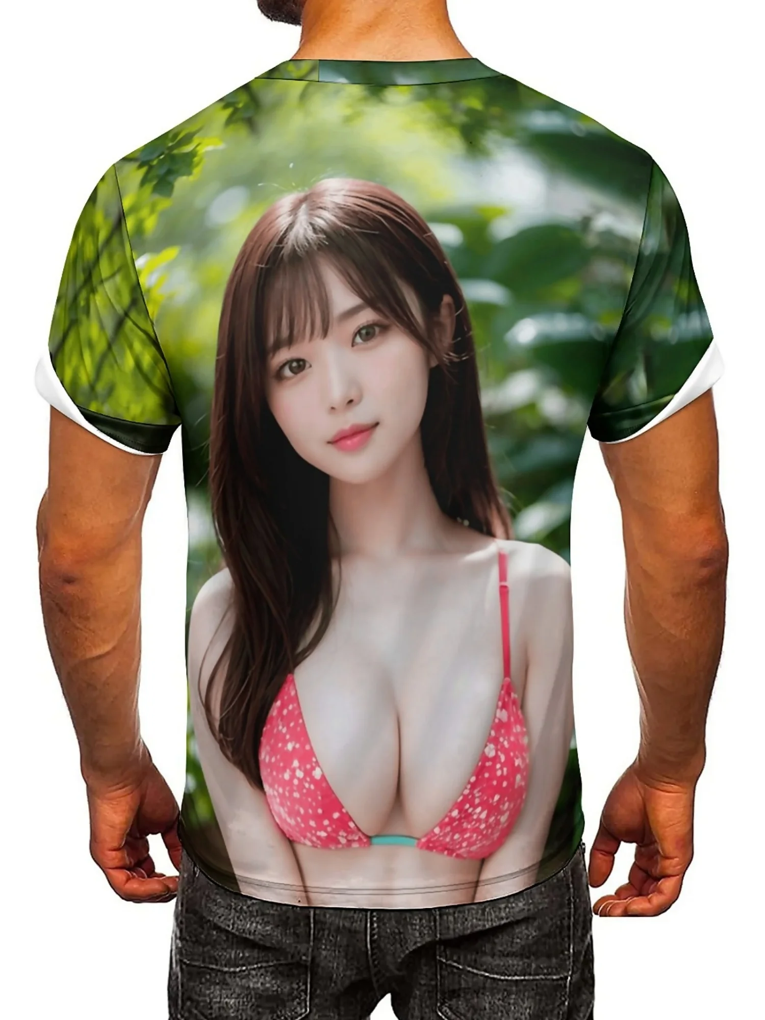 Camiseta masculina com estampa digital 3D – Design asiático sexy estilo rock, folha verde e padrão de biquíni vermelho, manga curta