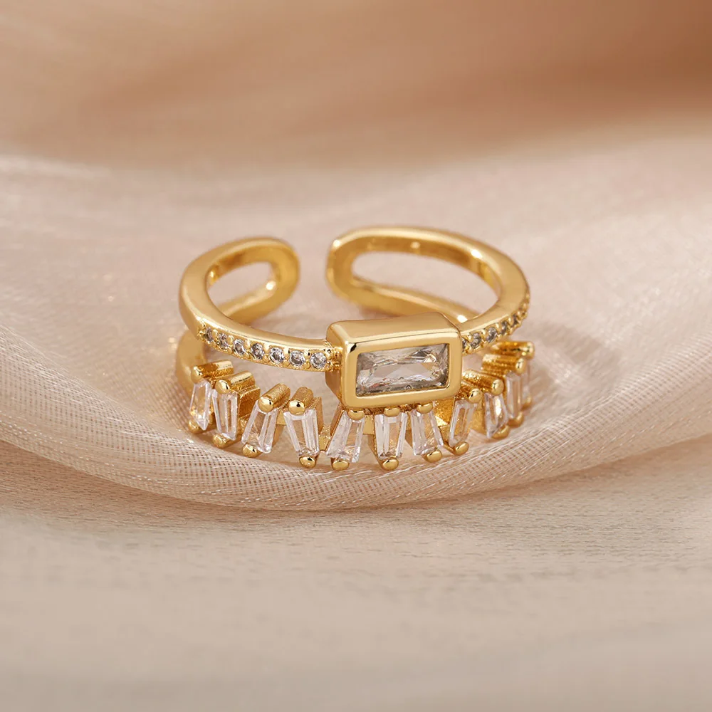 خاتم هندسي أوروبي وأمريكي بطبقة مزدوجة على شكل حرف T خواتم ذيل عصرية للنساء