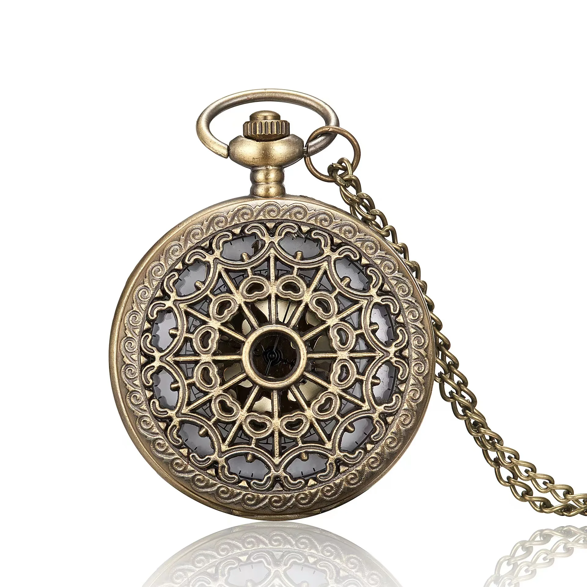 Vintage bronze heart-shaped cobweb clamshell quartz pocket watch necklace Pendant Handmade clock souvenir gift for men and women