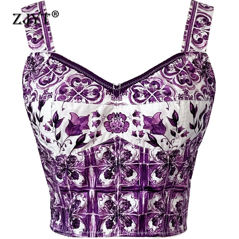 

ZJYT 100% Cotton Purple Print Crop Top Women Summer Camisole Runway Fashion Sleeveless Vintage Beach Holiday Tops Female