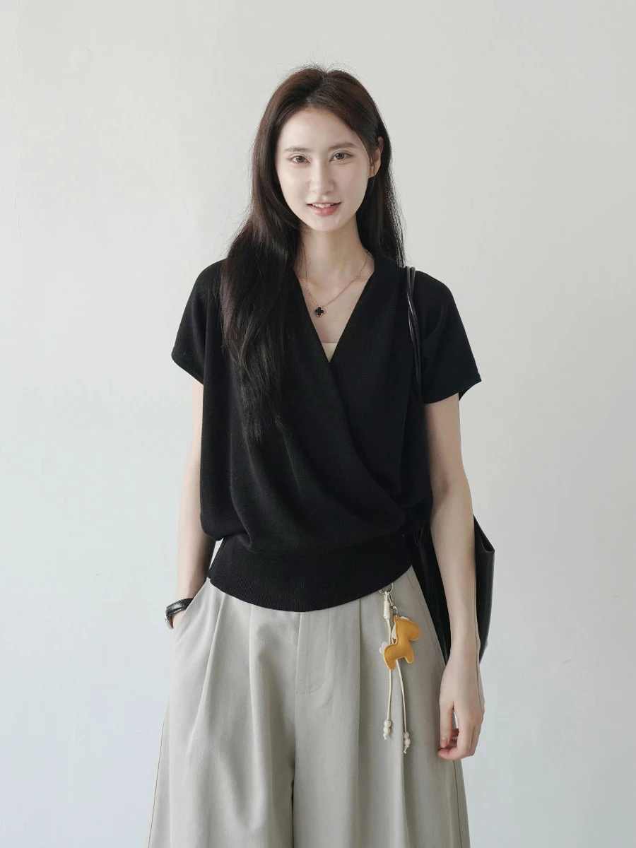 

Летний легкий вязаный топ с V-образным вырезом и коротким рукавом для женщин, с перекрестным дизайном, стройнящий, легко носить, из мягкой ткани, свободный крой, базовый стиль