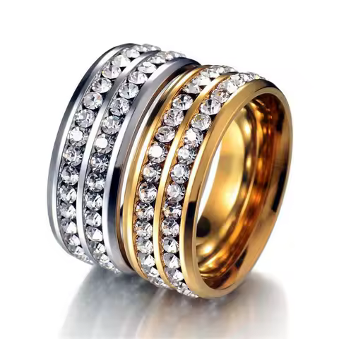 Hip Hop Iced Out Bling Ring 8mm Gold Silver Color Stainless Steel Cubic Zirconia Wedding Rings for Women Men Jewelry Gift