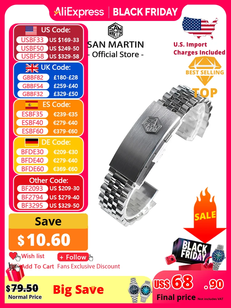 

Юбилейный браслет San Martin, детали для часов из нержавеющей стали для 20 мм, изогнутые концевые звенья, регулируемая застежка для SN0008 SN0128