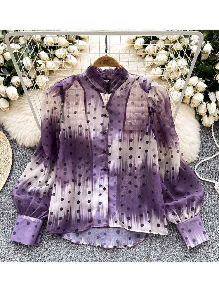 

Women Spring Shirt Gradient Color Polka Dot Blend Shirt Thin See Through Bubble Sleeves Loose Versatile High-end Top BL096
