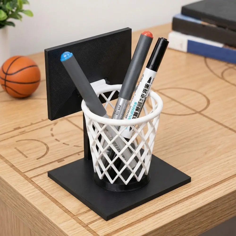3D Printed Basketball Hoop Pen Holder Large Capacity Creative Stationery Storage Container Space-Saving Black Base