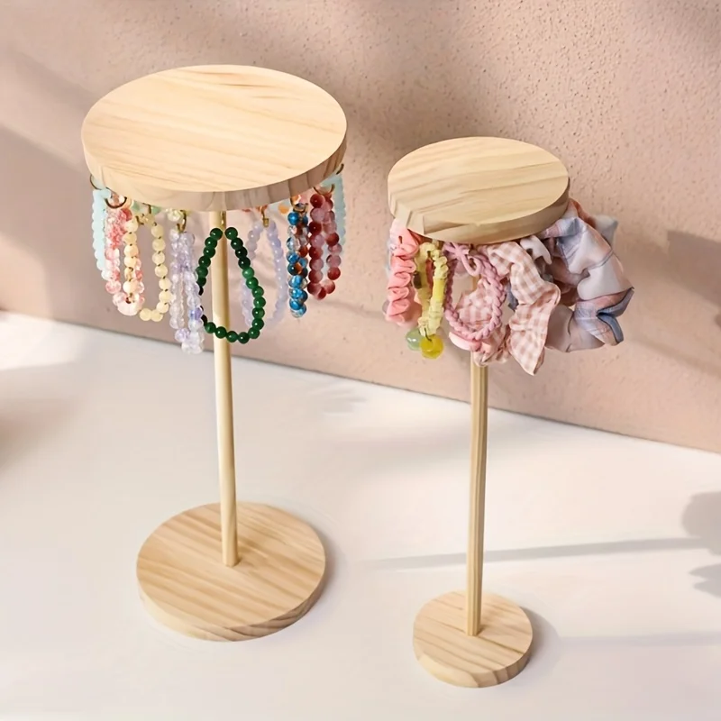 Nordic Style Wooden Jewelry Stand, Rotatable Necklace Storage Display Tray with Hooks for Hair Accessories & Headbands