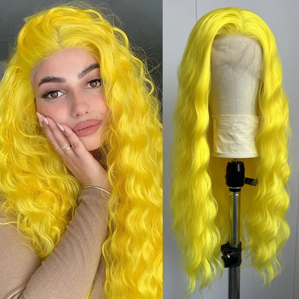 

Long Synthetic Yellow Loose Wave Wig Lace Front Wig for Women Natural Wave Cosplay Lace Wig Body Wave Women Use Yellow Wig Party