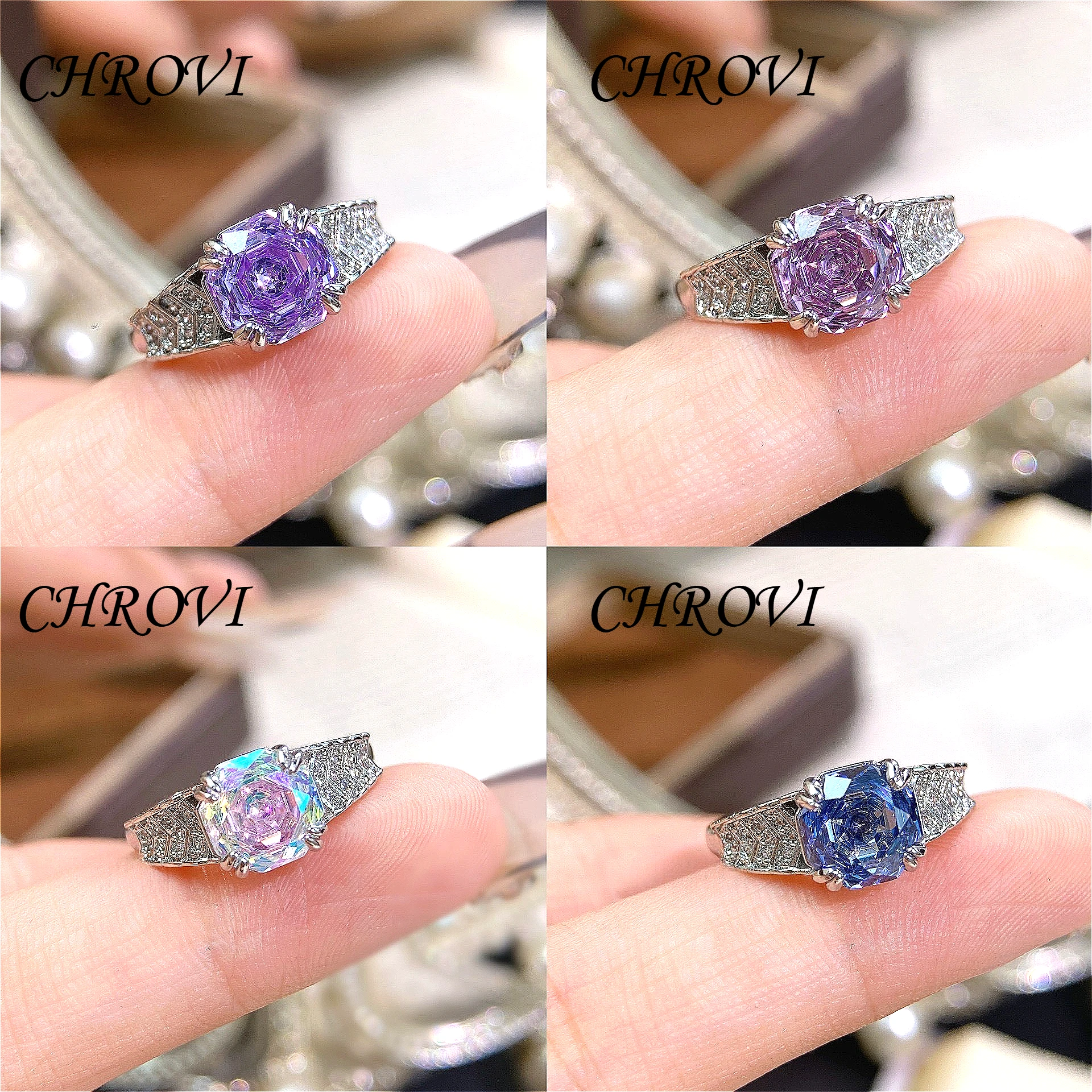 

Light luxury 925 sterling silver octagonal rose-colored gemstone iridescent full-paved high-end open ring