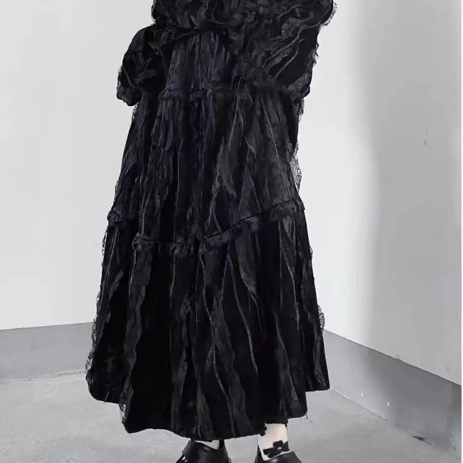 

Темная бархатная юбка с кружевной отделкой, женская, осенне-зимняя, больших размеров, стройнящая, макси, миди, А-силуэт