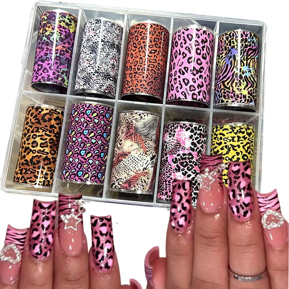 10rolls Autumn Pink Leopard Print Foils Transfer Nail Stickers 3D Snake Zebra Leopard Patten Nail Decals Sexy Leopard Nails