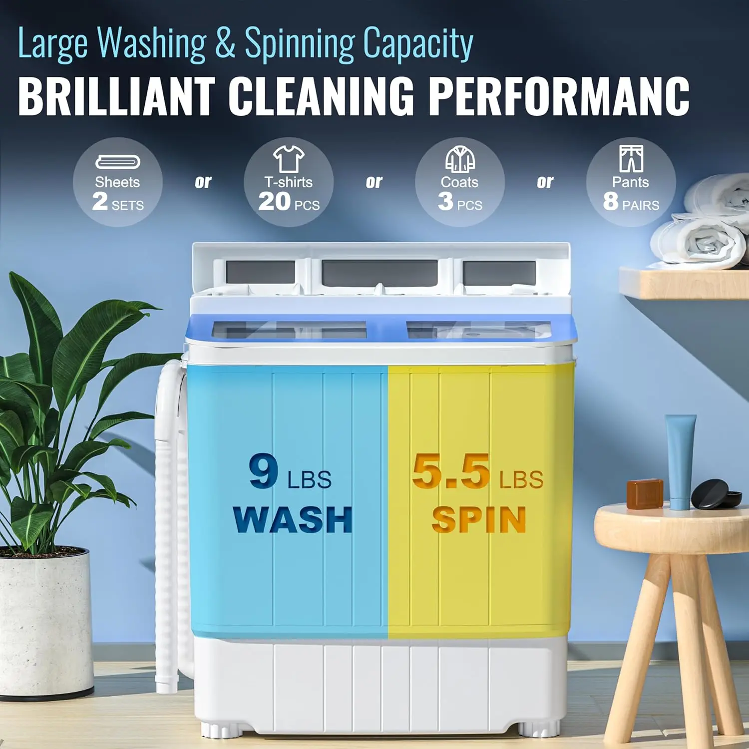 Portable Waher and Dryer, 17.6 lbs Mini Small Washing Machine Combo with Spin Dryer, Compact Twin Tub Laundry Washer Machine for