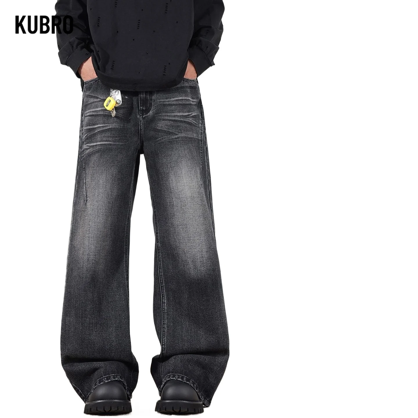 Amerikaanse retro crack-gewassen noodlijdende bliksemvormige uitlopende jeans High Street losse jeans voor zowel mannen als vrouwen herenbroeken