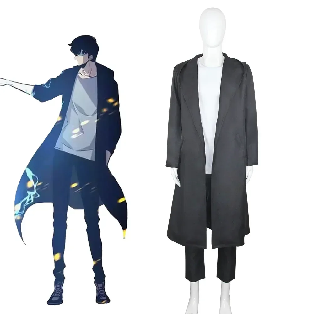 Anime Solo Leveling Sung Jin Woo Anime Cosplay Costume Wig Black Hooded Trench Suit Hunter Shun Mizushino Outfit Props for Boys