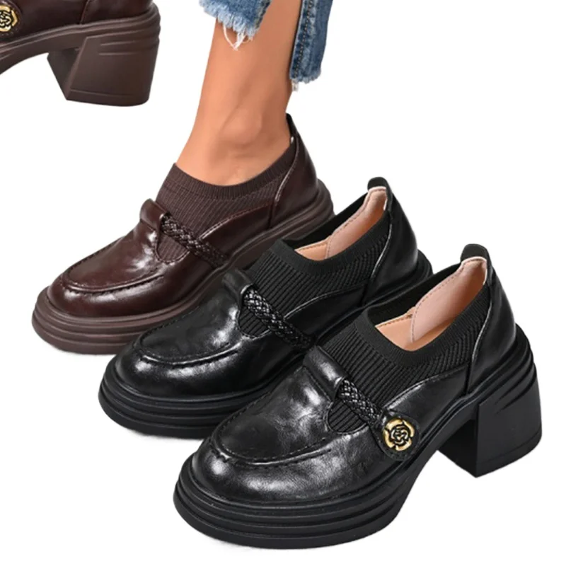

2025 Cowhide Slip On Spring Autumn Round Toe Dress Work Pumps Women's Pumps Retro Thick Heeled Woman Shoes British Style