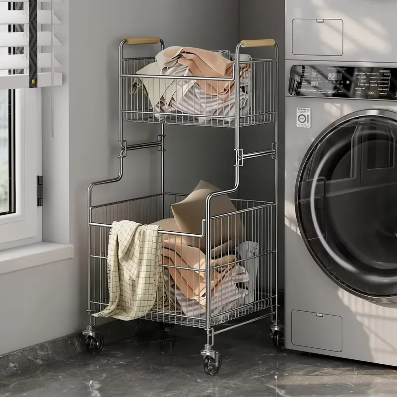 Modern 304 Stainless Steel Double Layer Laundry Basket with Wheels Eco Friendly Bathroom Storage Rack Removable Dirty Clothes