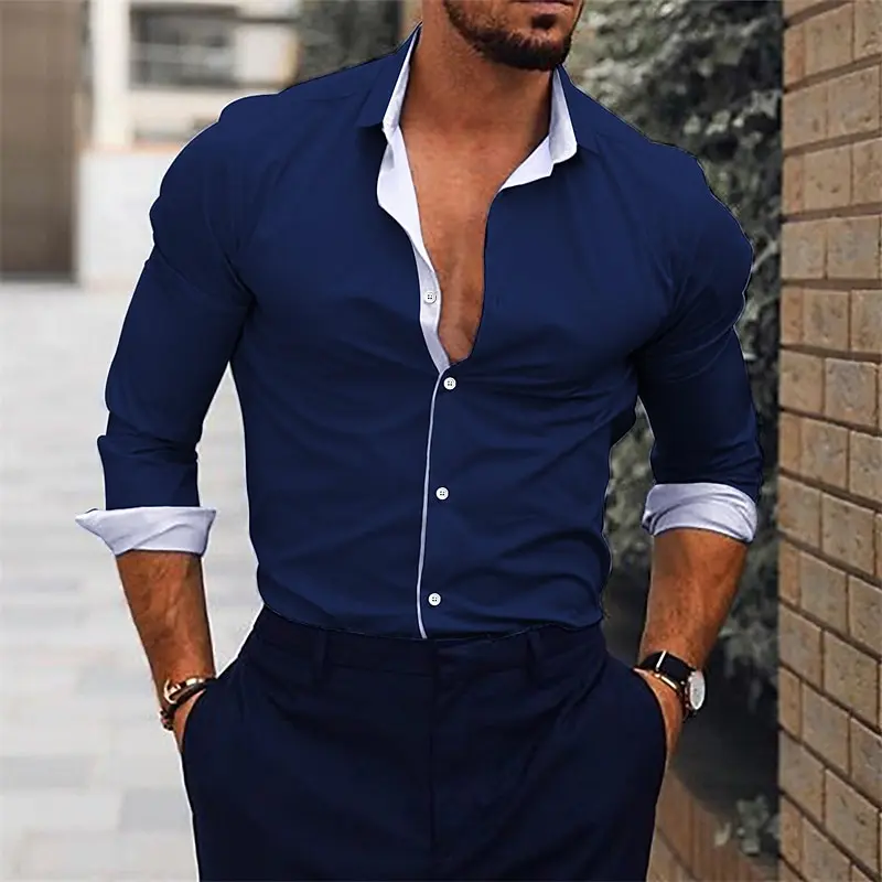 2024 Men\'s Shirt Suit Lapel Office Casual Outdoor Sports Gym Splicing Simple Fashion Solid Color Soft Comfortable Large Size