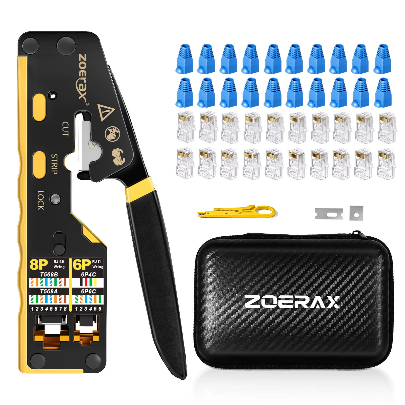ZoeRax Zestaw narzędzi sieciowych RJ45 z zaciskarką do kabli CAT6, 20 szt. złączy CAT6 CAT5 i osłonek na wtyczki, mini ściągacz izolacji, ostrza. — zdjęcie produktu 7